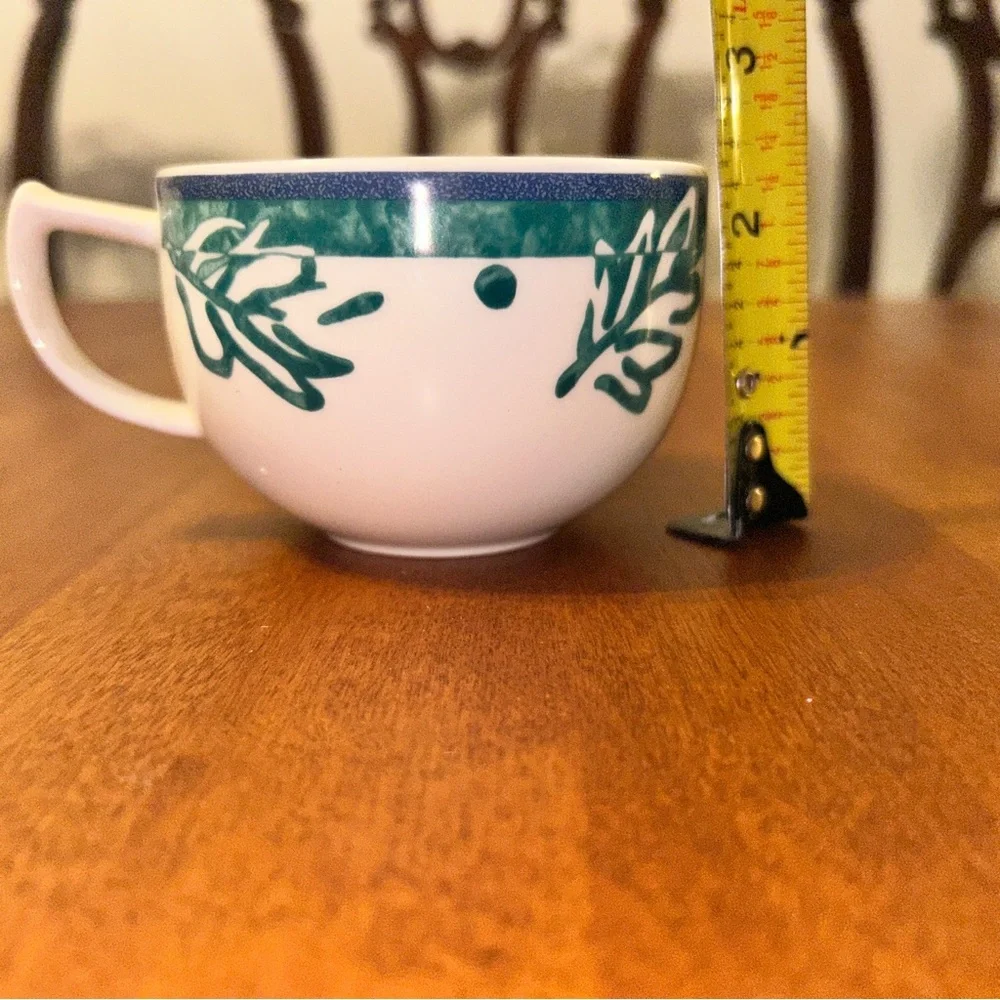 Mikasa Fashion Plate Leaf Song White Teal Ironstone Cups Mug Saucer 2 SETS